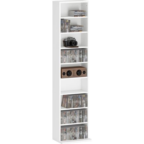Meuble de rangement pour CD/DVD, 9 compartiments, 6 étagères réglables, capacité maximale 260 CD/120 DVD, 33 x 24 x 140 cm, blanc (1/5)
