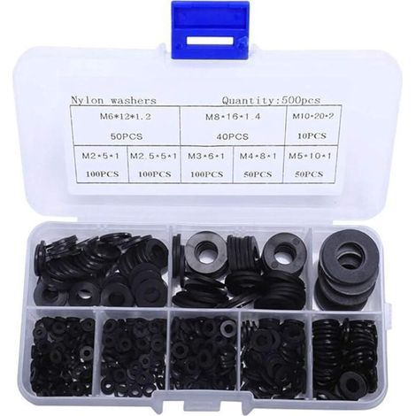 Cosswe Lot de 500 rondelles intercalaires plates et isolantes en nylon Noir M2 M2.5 M3 M4 M5 M6 M8 M10 pour automobile, plomberie, marine et mécanique (1/3)
