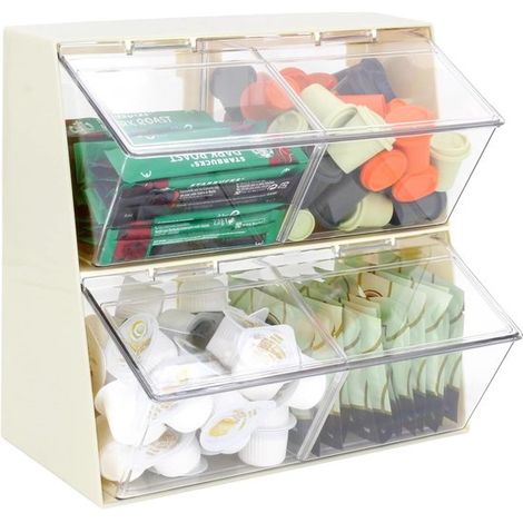 Boîte de rangement double compartiment – Organisateur – Boîte de rangement – Boîte de rangement avec couvercle – Pour sachets de thé et capsules de café – Plastique – Blanc crème (1/5)