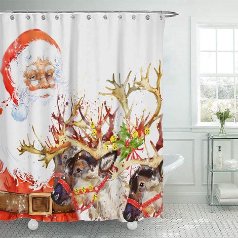 Rideau De Douche Noel - Motif Pere Noel Et Ornements Verts - Polyester 180 X 180 Cm - Pour Salle De Bain Et Decoration Interieure - 1 Piece