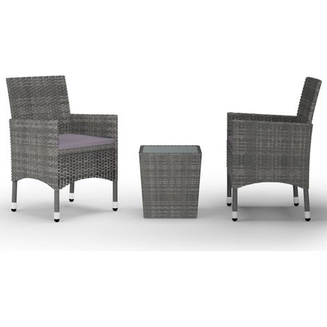 Ensemble de bistro jardin meuble extérieur terrasse 3 pièces résine tressée et verre trempé gris