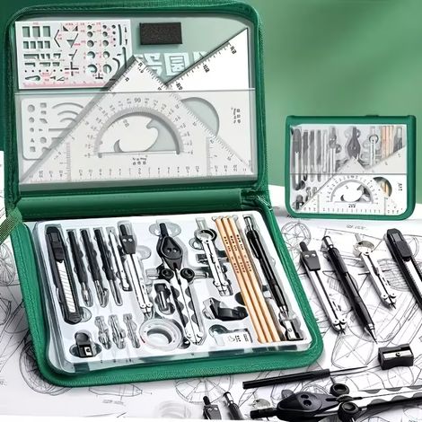Hochwertiges 32-teiliges Zeichenwerkzeugset – Zeicheninstrumente aus Edelstahl mit Linealen, Winkelmessern und Zirkeln, ideal für Ingenieure