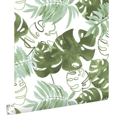 papier peint feuilles tropicales de jungle peintes vert olive grisé - ESTAhome (1/5)