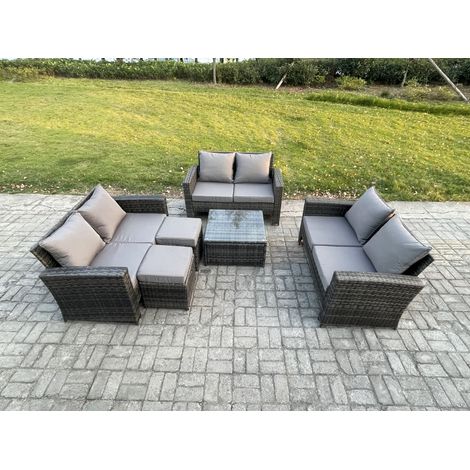 Fimous Mobilier de jardin extérieur ave Table basse carrée Canapé deux places 2 Petit Tabouret Gris foncé (1/5)