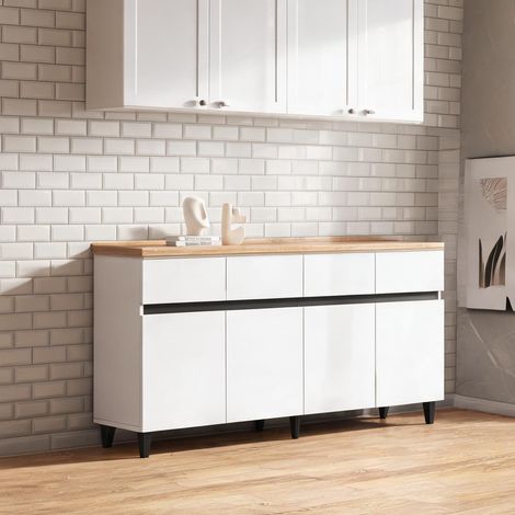 Sideboard blanc laqué avec 4 tiroirs et 2 portes 160 x 40 x 68 cm (1/5)