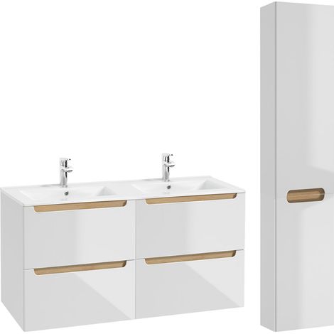 Ensemble meuble double vasque encastrée 120cm 4 tiroirs et colonne Livia Blanc et Bois (1/5)