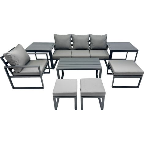 Fimous 7 Seat Outdoor Garden Furniture Set Aluminium Lounge 3 Seat Sofa Oblong Coffee Table Sets with Chair 3 Stools 2 Side Tables Dark Grey (1/5)