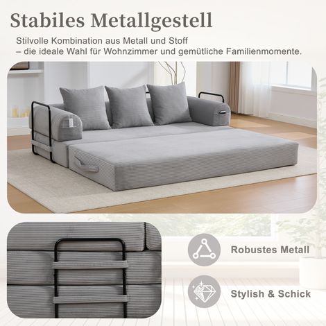 Canapé convertible compressible avec cadre en métal robuste, poches latérales et 3 coussins. Paysages lounge modulables à personnaliser. Association moderne tissu-métal, idéale pour salon. Gris clair. (1/5)