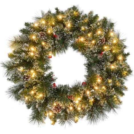 Couronne de Noël porte artificielle 60 CM avec pommes de pin et grappes de baies, lumières LED et minuterie vert (1/4)