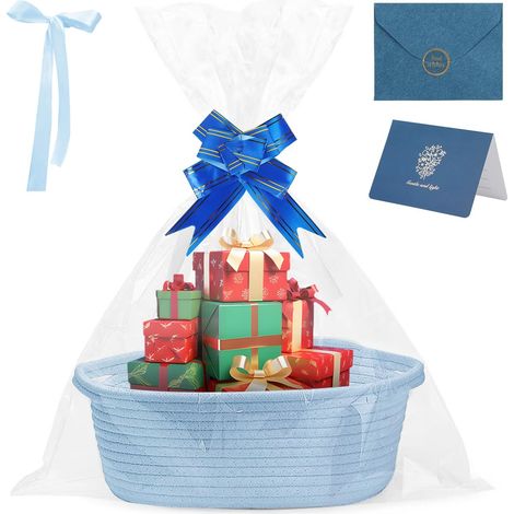 1 Panier Cadeau, Coton Tressé, 30x20x12 cm, Avec Sac et Ruban, Pour Mariage, Anniversaire, Noël (1/5)