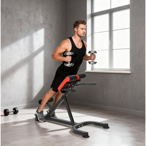 Banc d'hyperextension réglable en acier, 112 x 62 x 88 cm, rouge et noir HAVRYA (1/5)