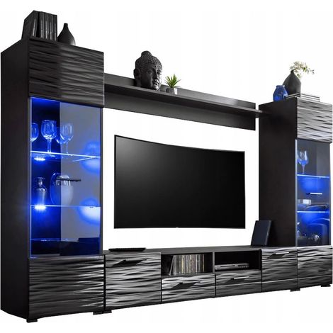 Dusine – Meuble TV moderne 260 cm noir laqué – Effet 3D avec éclairage LED – Rangement élégant pour salon – Production européenne (1/4)