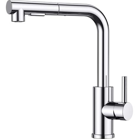 Robinet Cuisine, Mitigeur Cuisine avec Douchette Extractible, 2 Modes de Pulvérisation et Pivotante à 360°, En Forme de L Acier Inoxydable Monolevier Robinet Evier, Chrome Poli (1/5)