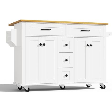 Chariot de cuisine multifonction avec plan de travail rabattable, extensible 120×65 cm, avec 5 tiroirs, placards, porte-épices et porte-serviettes, sur roulettes – îlot de cuisine pour cuisine, salle 