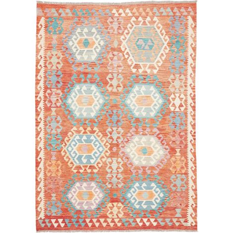 Tapis kilim 173 x 245 cm, ethnique, multicolore, bleu et orange, en laine naturelle afghane, tissé plat authentique (1/5)