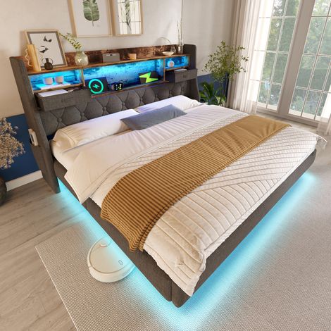 Letto matrimoniale 160x200 con LED e USB in lino OKMYHOME (1/5)