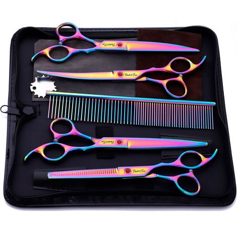Lot de 4 paires de ciseaux de toilettage professionnels pour animaux, en acier japonais 440C, comprenant des ciseaux droits, courbes et à effiler, ainsi qu'un peigne pour le toilettage des chiens. (1/4)