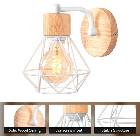 Industrielle Applique Murale Cage en Métal Vintage Rétro Lampe Murale E27 Bois Lampe de Mur Lampe de Chevet pour Chambre, Salon, Escalier, Couloir Noir 1PCS (1/5)