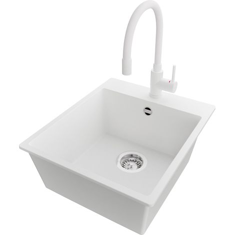 PRIMAGRAN Evier Cuisine en Granit 43x50cm,Lavabo 1 bac + Robinet 38x14cm + Kit de Vidage, Évier à Encastrer au meuble 45cm - Riga, Blanc (1/5)