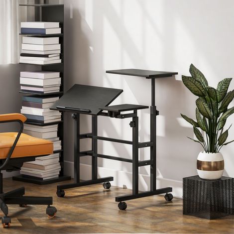 Bureau assis debout bureau réglable en hauteur 70 x 60 cm à roulettes avec plateau inclinable cadre en métal noir (1/5)
