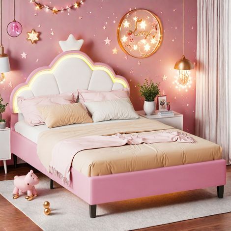 Lit Enfant 90x200, Lit Fille avec Bandes LED, Lit Adolescente Fille, Lit 1 Personne, Lit Couronne Princesse avec Tête de Lit en Forme de Nuage, Sommier à Lattes , Velour, Rose+Blanc (1/5)
