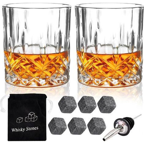 Lot de 2 verres à whisky en diamant de 300 ml, pour scotch, bourbon, brandy, rhum, cocktail, maison, bar, fête, homme (1/5)