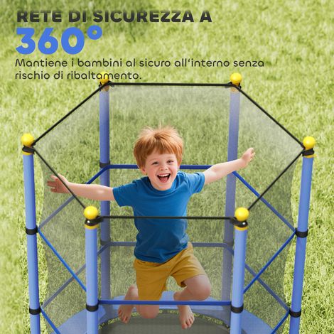 Tapis de trampoline pour enfants de 3 à 10 ans, Ø140 x 190 cm, bleu, avec filet de sécurité et poteaux matelassés