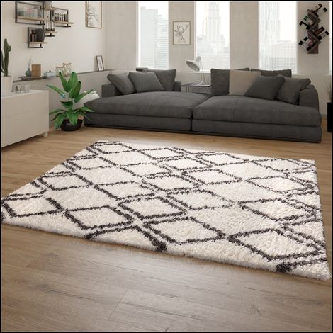 Paco Home Hochflor Teppich Wohnzimmer Shaggy Langflor Skandi Rauten Muster Grau Creme 120x160 cm