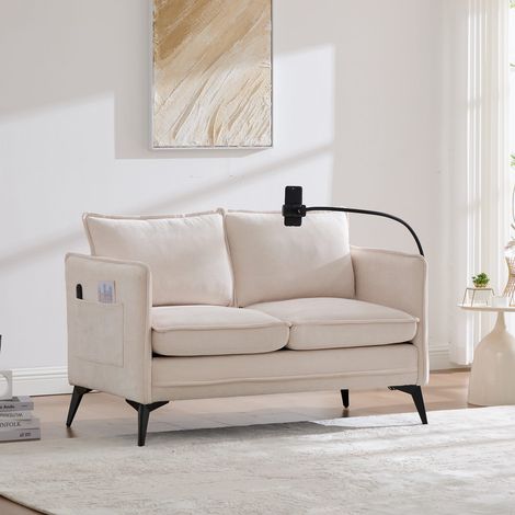 Canapé 2 places moderne tissu beige avec rangement latéral et support téléphone réglable, compact (1/5)