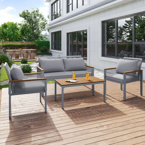 Garden Lounge Set:Rattan Outdoor Furniture with Comfortable Cushions,Double Sofa,2 Armchairs,and Table in Grey
