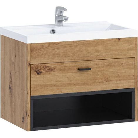 Armario de baño colgante para lavabo Velum, Roble Artisan + Negro, Montada en la pared, Número de puertas: 0, 45x60x35cm, Aglomerado laminado, Número de cajones: 0