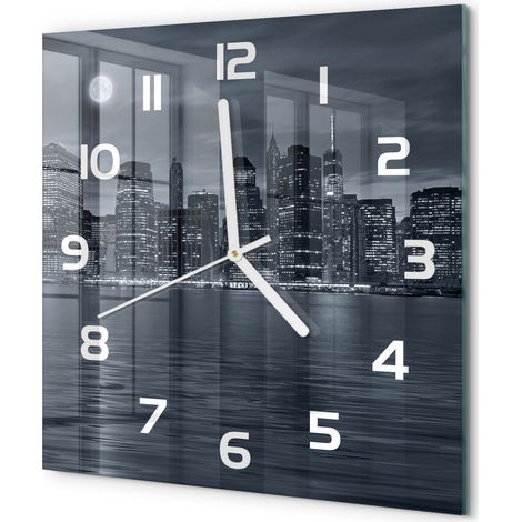 Horloge Murale Carrée Élégante en Verre Trempé Silencieuse Salon Chambre New York la nuit 30x30 cm (1/5)
