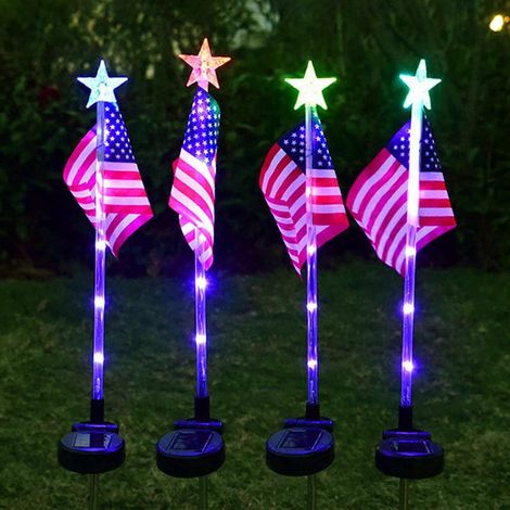 Lot de 2 piquets lumineux LED solaires étanches pour drapeaux américains, parfaits pour la maison, le jardin, la cour, la terrasse, l'allée ou le chemin. (1/4)