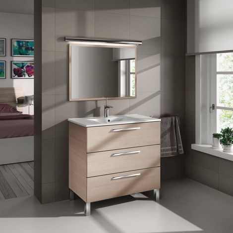 Dmora - Unterschrank Dlo, Badezimmerschrank, Kleiderschrank mit 3 Schubladen und Spiegel, Waschbecken nicht enthalten, 80x45h86 cm, Eiche (1/5)