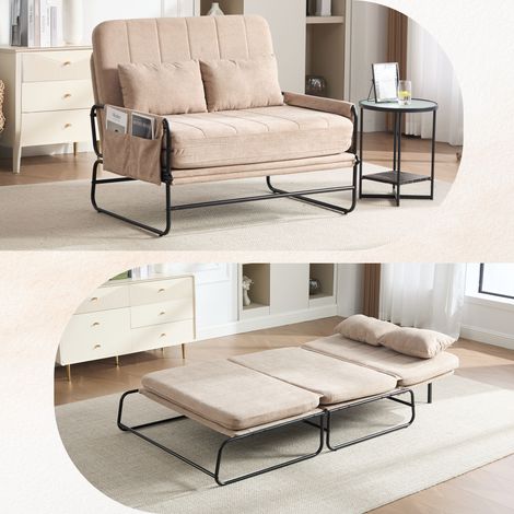 Canapé convertible deux places avec structure en métal, canapé moderne en chenille avec espace de rangement latéral, adapté au bureau à domicile, au salon et à l'appartement (chenille couleur kaki) (1/5)