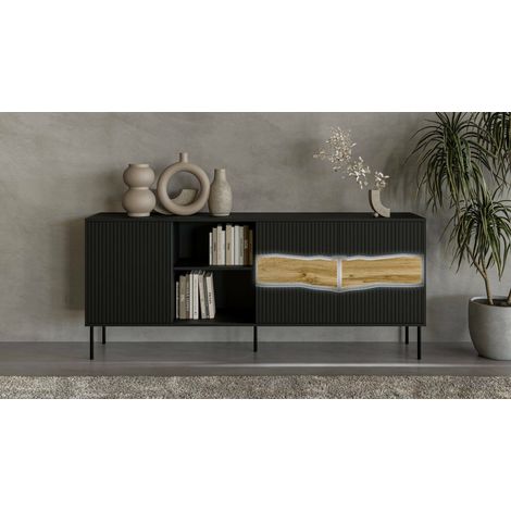 Aparador Mestrino, Aparador de Salón con Tres Puertas Batientes y Dos Compartimentos Abiertos, Elevado del Suelo, 190x40 h80 cm, Negro y Nudos de Roble (1/5)
