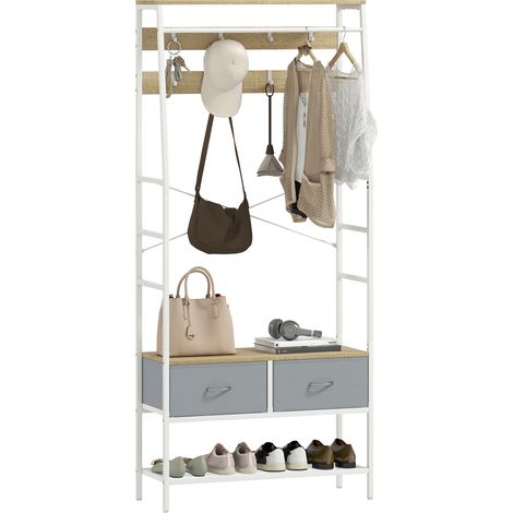 Meuble d’entrée avec banc, naturel, 80 x 30 x 180,5 cm, avec tiroirs, avec crochets, pour entrée couloir, crochets et chaussures