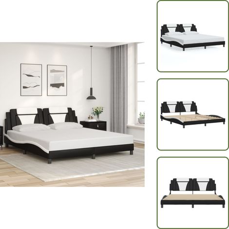 The Living Store Cadre de lit sans matelas noir et blanc 180x200 cm similicuir - Lit Double - Cadre De Lit - Tête De Lit - Similicuir - Design Moderne (1/5)