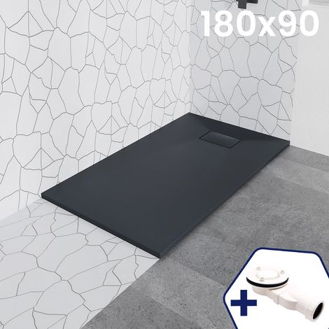 BADLAND Duschwanne 180x90x3,2 VIDAR Schwarz Verbundwerkstoff Duschtasse Rechteck, Steinoptik, mit Ablaufgarnitur Ø 90 mm (1/5)
