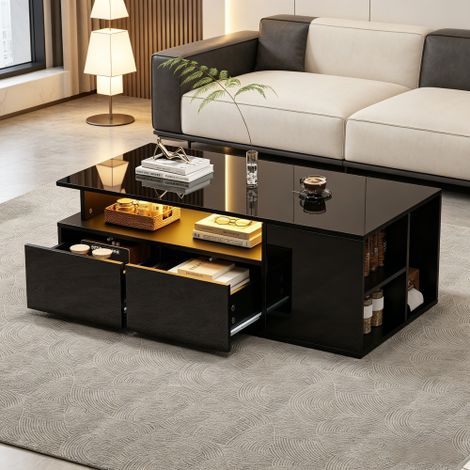Tavolino da tè 1005035 cm con illuminazione a LED, tavolino da caffè per soggiorno, tavolino da divano con 2 cassetti, tavolino con una capacità di carico totale di 60 kg, tavolino da soggiorno nero c (1/5)