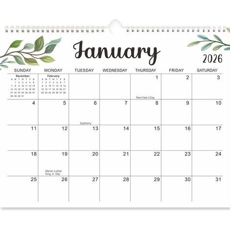 Calendrier Murale - 37,5 x 29,2 cm - Janvier 2026 à Juin 2027 - Motif Feuillage Vert - 18 Mois - 1 Pièce