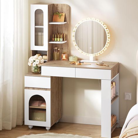 WOLTU Coiffeuse avec Miroir LED Rond, 3 Tiroirs, 2 Placards, Compartiments Ouverts et 1 Étagère Latérale, Table de Maquillage, Chêne Clair et Blanc (1/5)