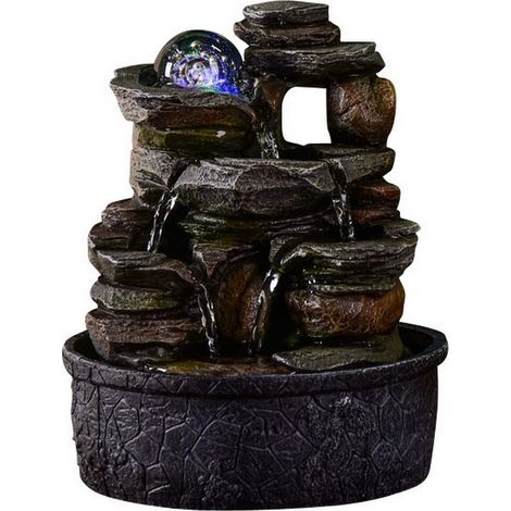 Fontana interna a cascata natura effetto pietra roccia luce colorata, idea regalo, decorazione per interni in movimento, fontana da tavolo Zen rilassante, oggetto Feng Shui Bonheur, H 23 cm – Satya (1/5)