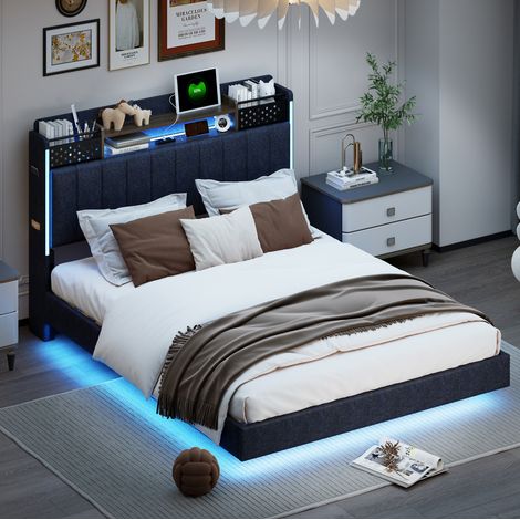 Letto adulti 140x200 cm imbottito con LED, presa USB e testiera con vano portaoggetti, tessuto lino, senza materasso, grigio (1/5)