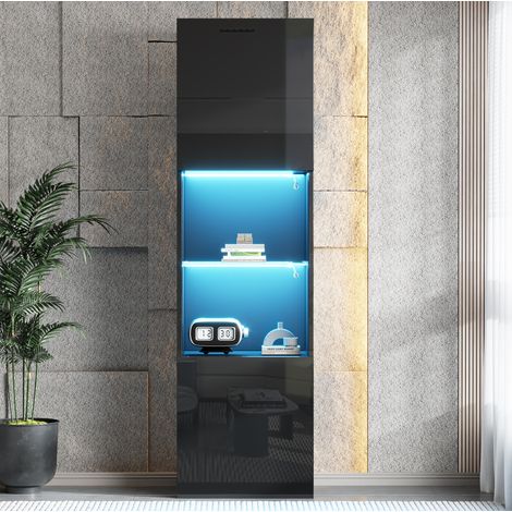 Vitrine 45x35x160 cm noire en panneaux de particules avec LED, verre trempé et dispositif anti-basculement (1/5)
