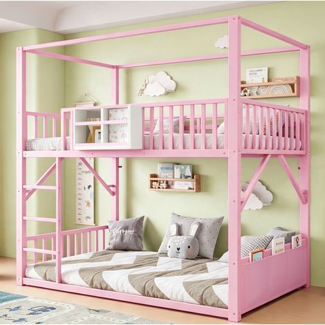 MODFU – Lit superposé enfant 90x200 cm – Toit, étagère, poche rangement – Barrières sécurité – Métal – Rose (1/5)