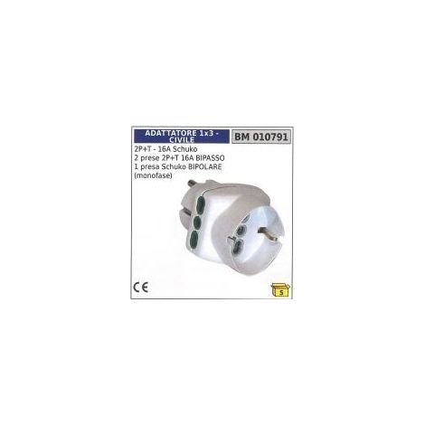 Adattatore spina 2 poli+terra-16A schuko 2 prese 2 poli+terra 16A 1 presa schuko