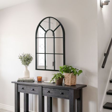 Miroir voûte 70x50 cm, cadre métal noir, verre miroir, décoration murale moderne pour chambre et salon.