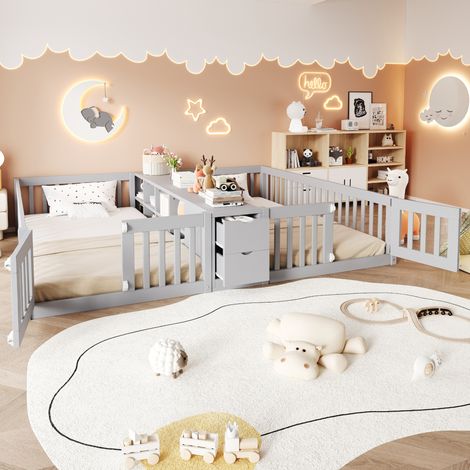 Cama infantil doble 90 x 200 cm con almacenaje, barreras de seguridad, gris, madera, OKWISH (1/5)