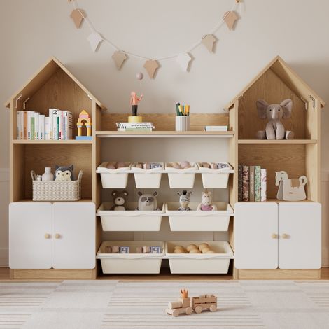 Juguetero infantil - 171,5 x 30 x 125 cm - estantería de almacenamiento con 8 cajas, puertas estilo casita MDF - blanco (1/5)